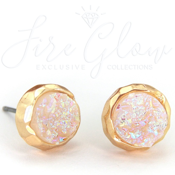 Fire Glow Jewelry - Iridescent Opal Druzy In Gold Tone Stud Earrings